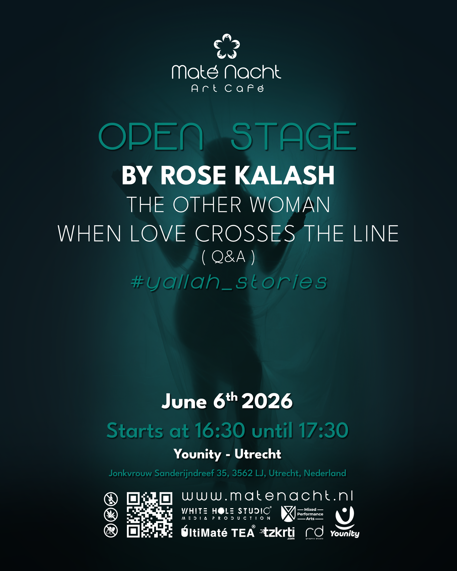 Donkergroene evenementposter voor “Open Stage” van Rose Kalash, 6 juni 2026, met QR-codes onderaan.