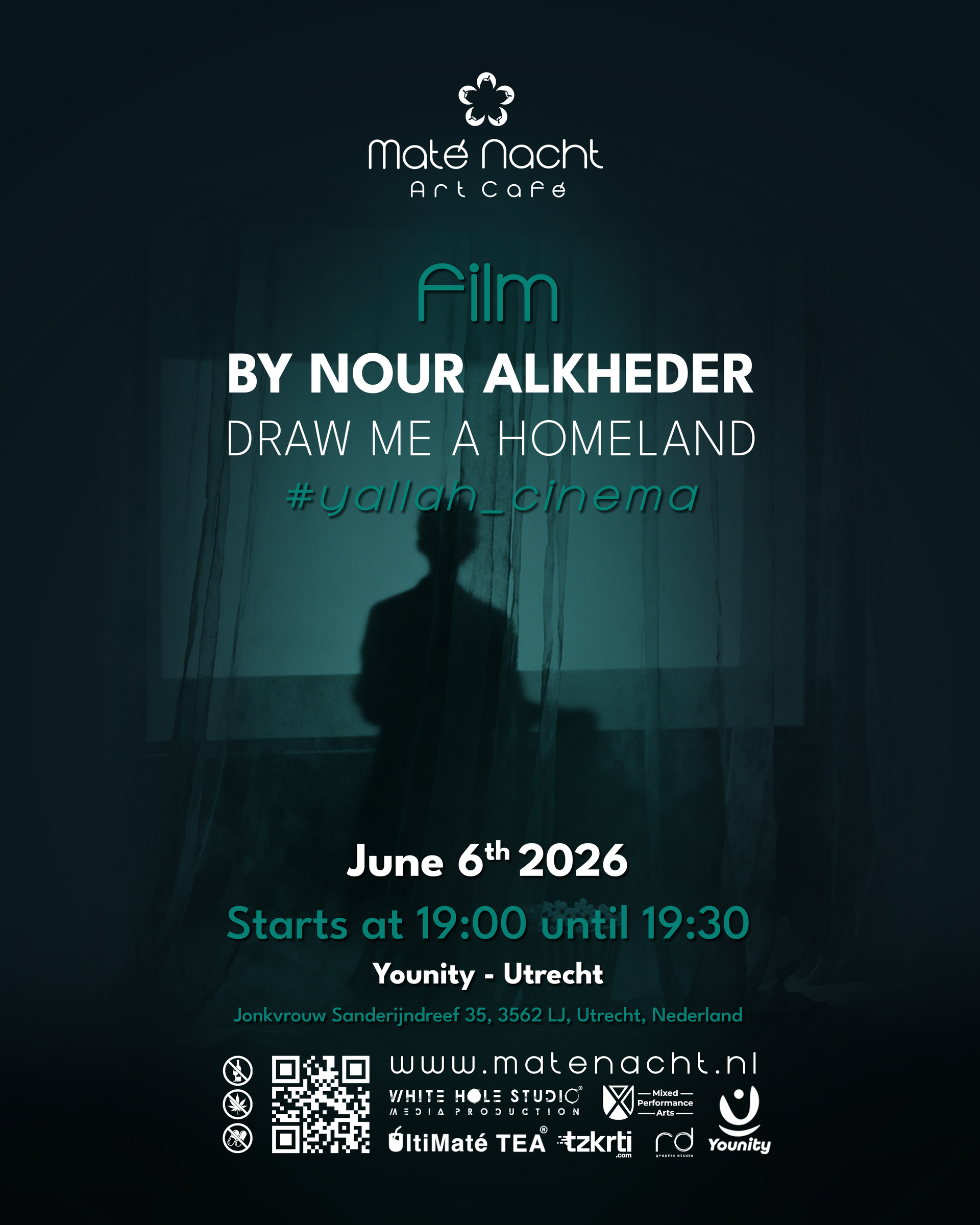 Concertposter voor Elm van Nour Alkheder, 6 juni 2026, met QR-code en locatiegegevens op een donkerblauwe achtergrond.