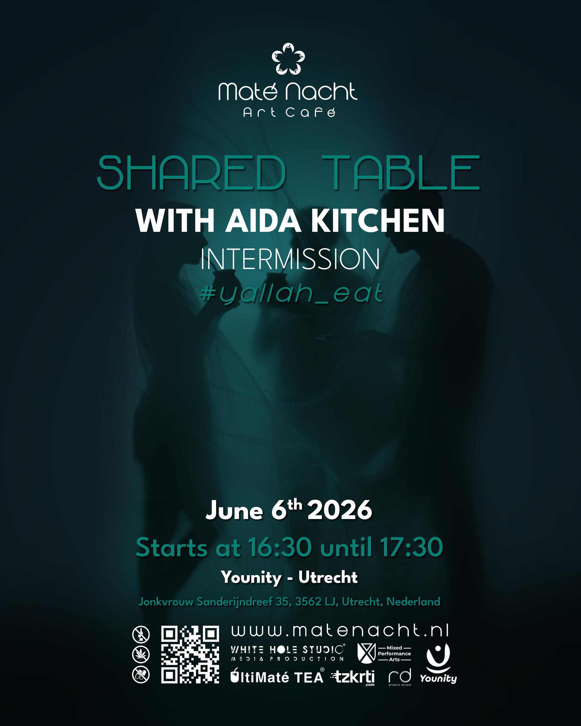 Poster voor “Shaded Table” met Aida Kitchen, 6 juni 2026, met een donkerblauwe silhouetachtergrond.