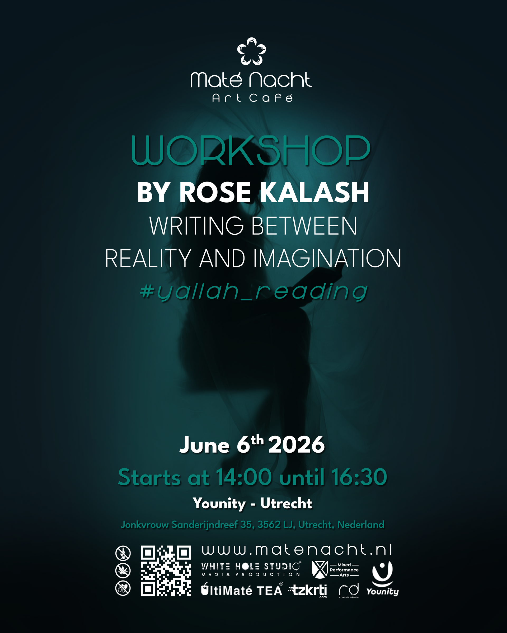 Donkerblauwe evenementposter voor “Wonderland” van Rose Kalash, 6 juni 2026, met QR-codes en evenementdetails.
