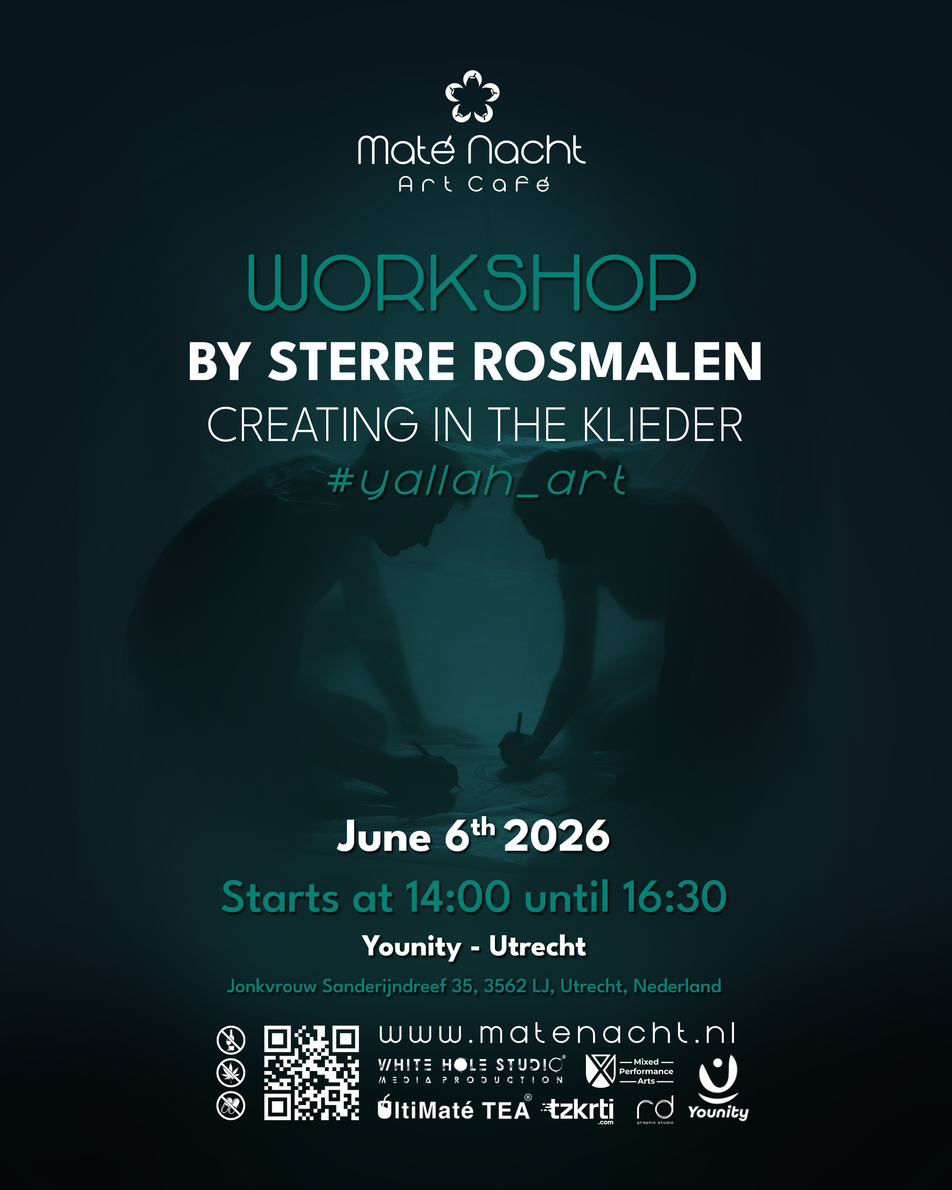 Turquoise evenementposter voor een workshop van Terre Rosmalen op 6 juni 2026, met locatiegegevens en QR-codes.