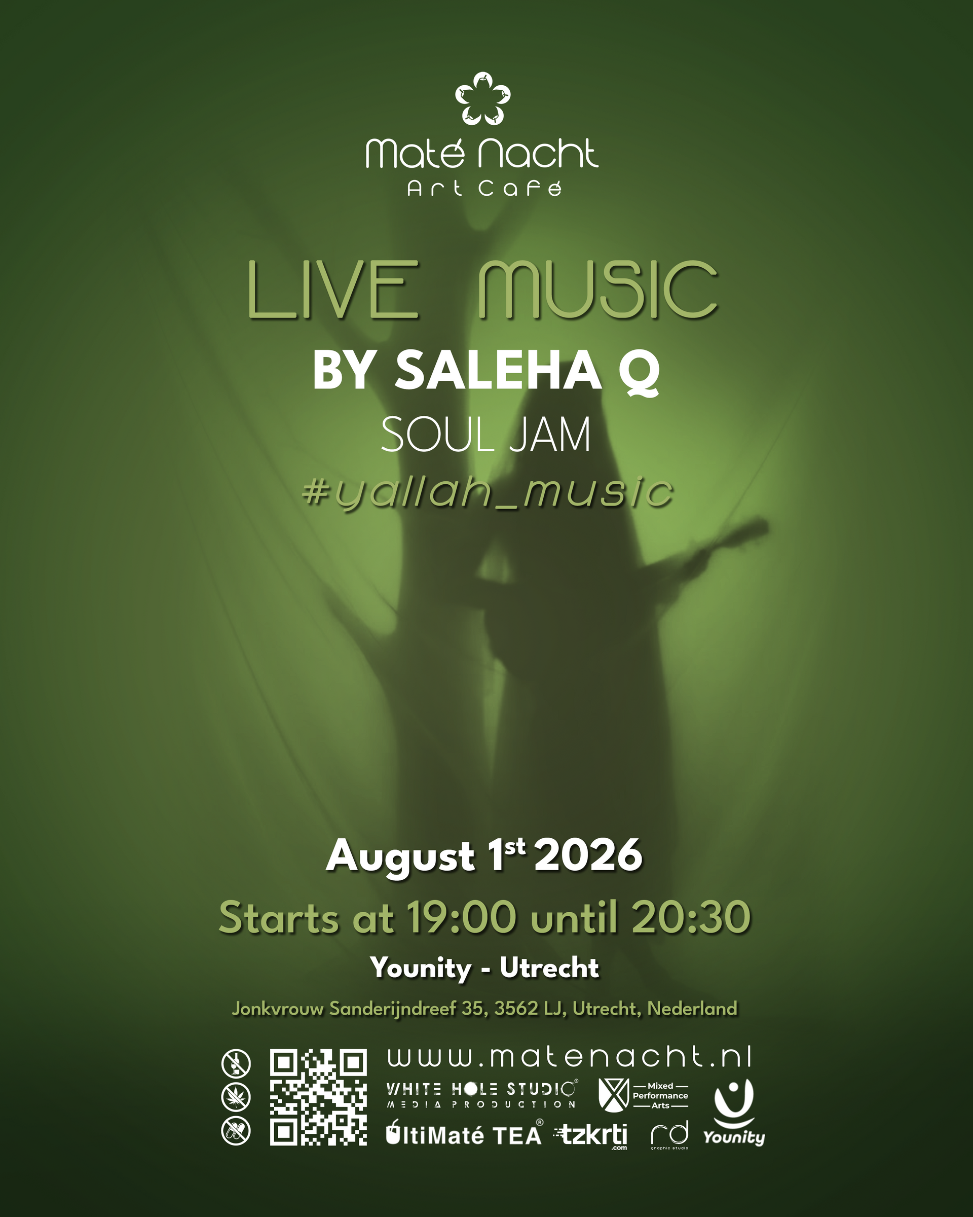 Groene poster voor een live muziekoptreden van Saleha Q, met een silhouet van de artiest en details over het concert.