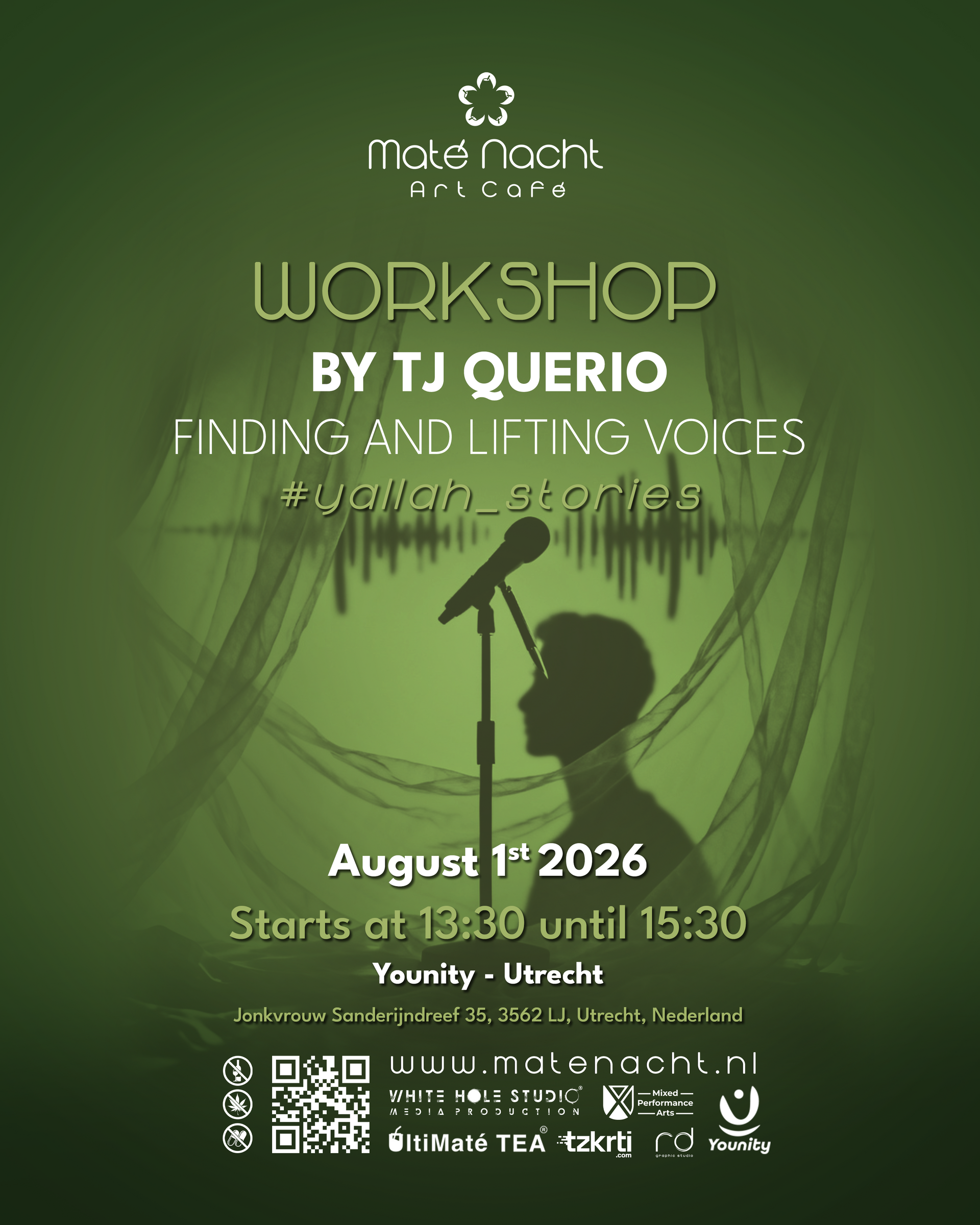 Groene concertposter voor “Worship by TJ Querio”, met silhouet van de zanger, details over 1 augustus 2026 en QR-codes.