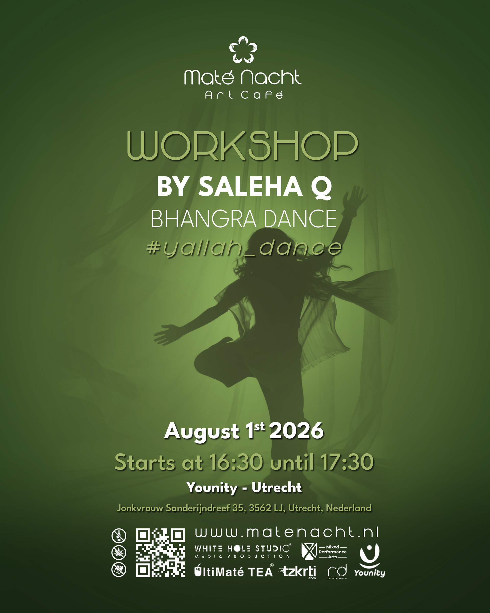 Groene evenementposter voor een dansworkshop, met een silhouet van een danser en de datum 