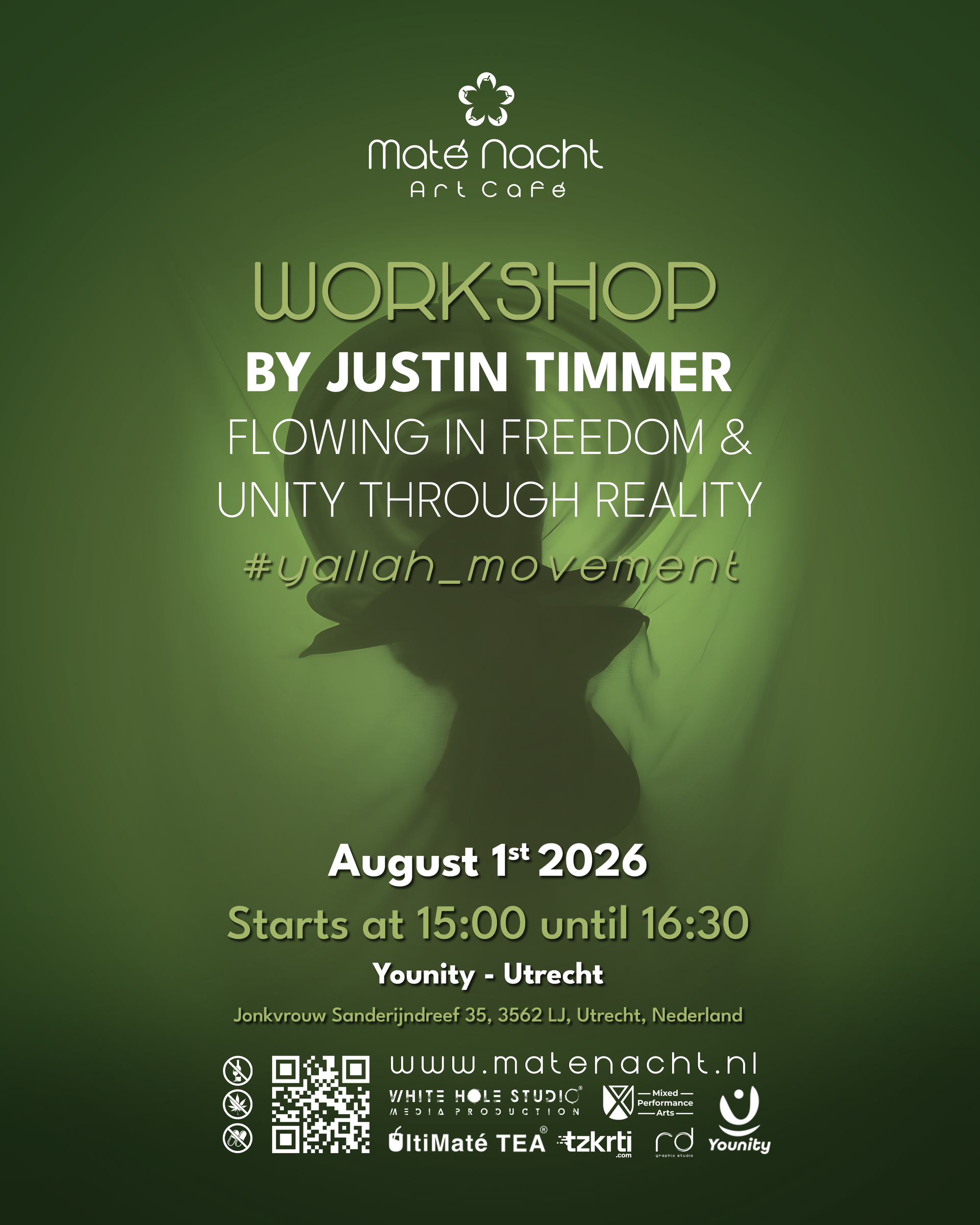 Groene evenementposter voor “Wodkshop” van Justin Timmer, 1 augustus 2026, met QR-codes en evenementdetails.