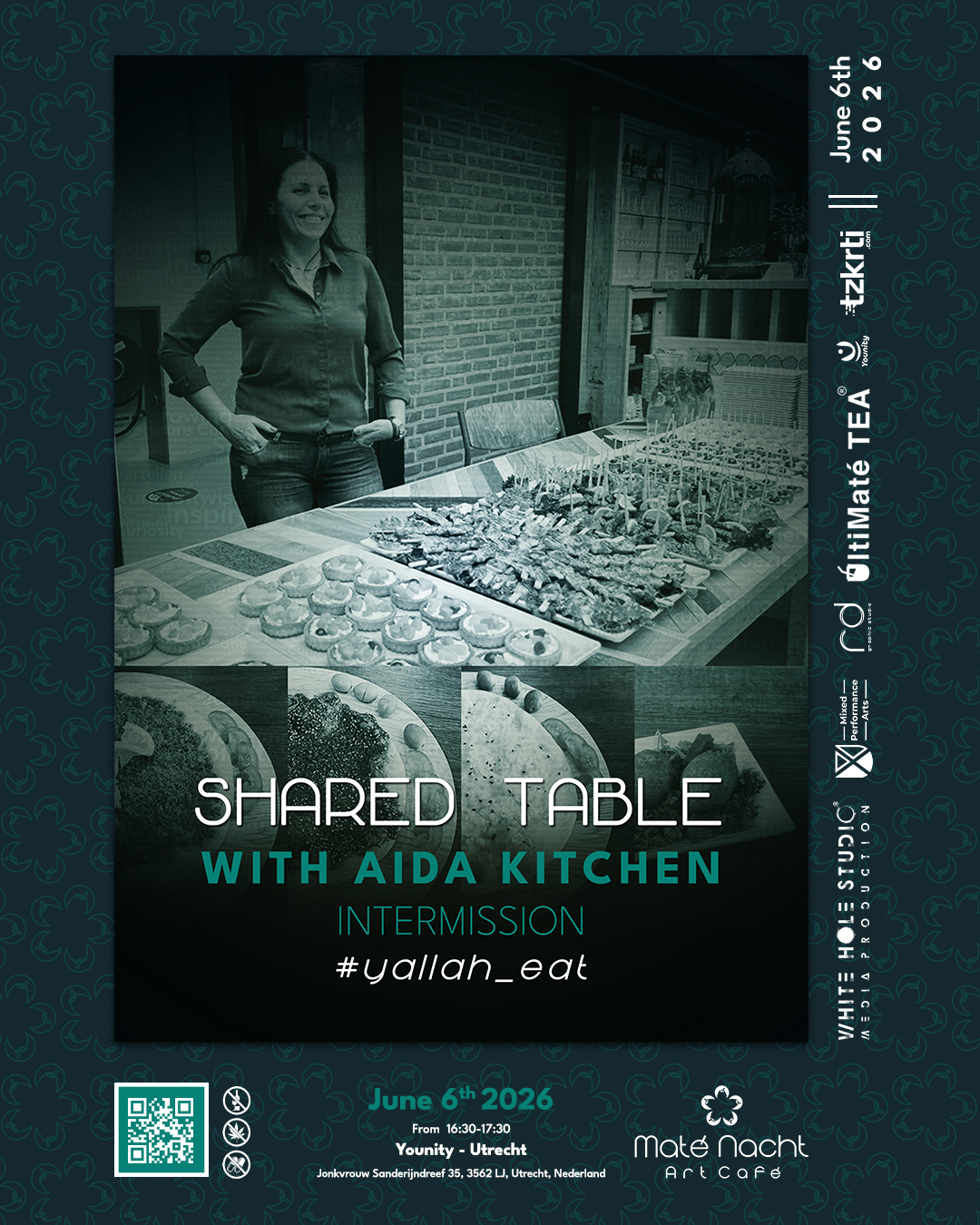 Poster voor “Shared Table with Aida Kitchen”, waarop een vrouw te zien is in een keuken naast schalen met klaargemaakt eten.