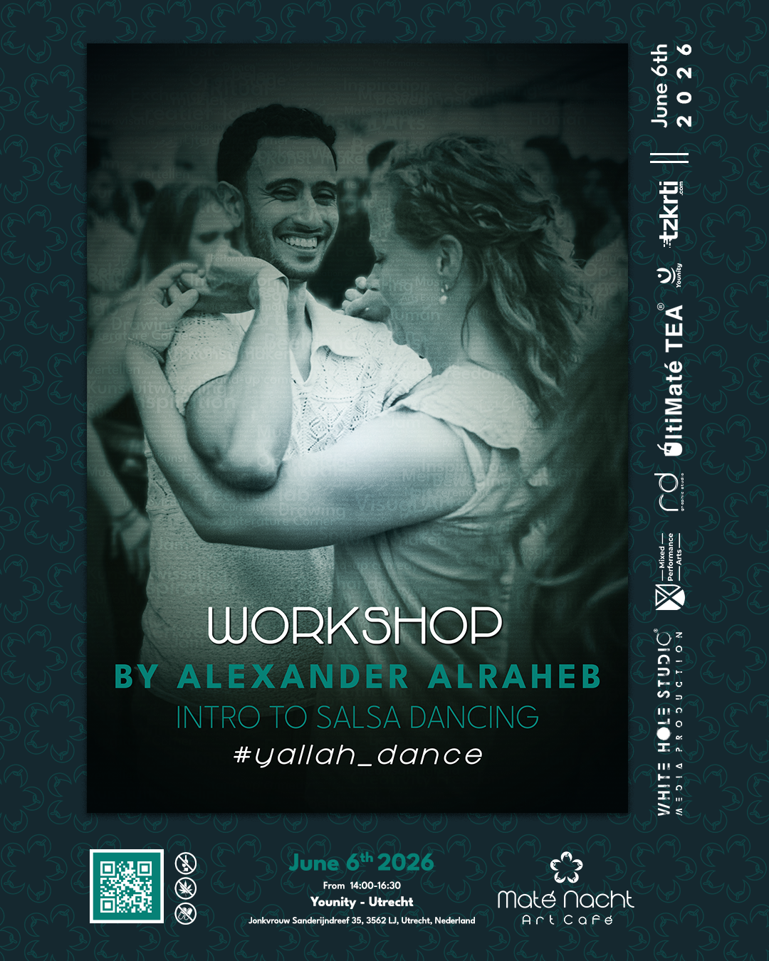 Workshopposter met een lachende familiefoto en evenementdetails op een donkerblauwe achtergrond.