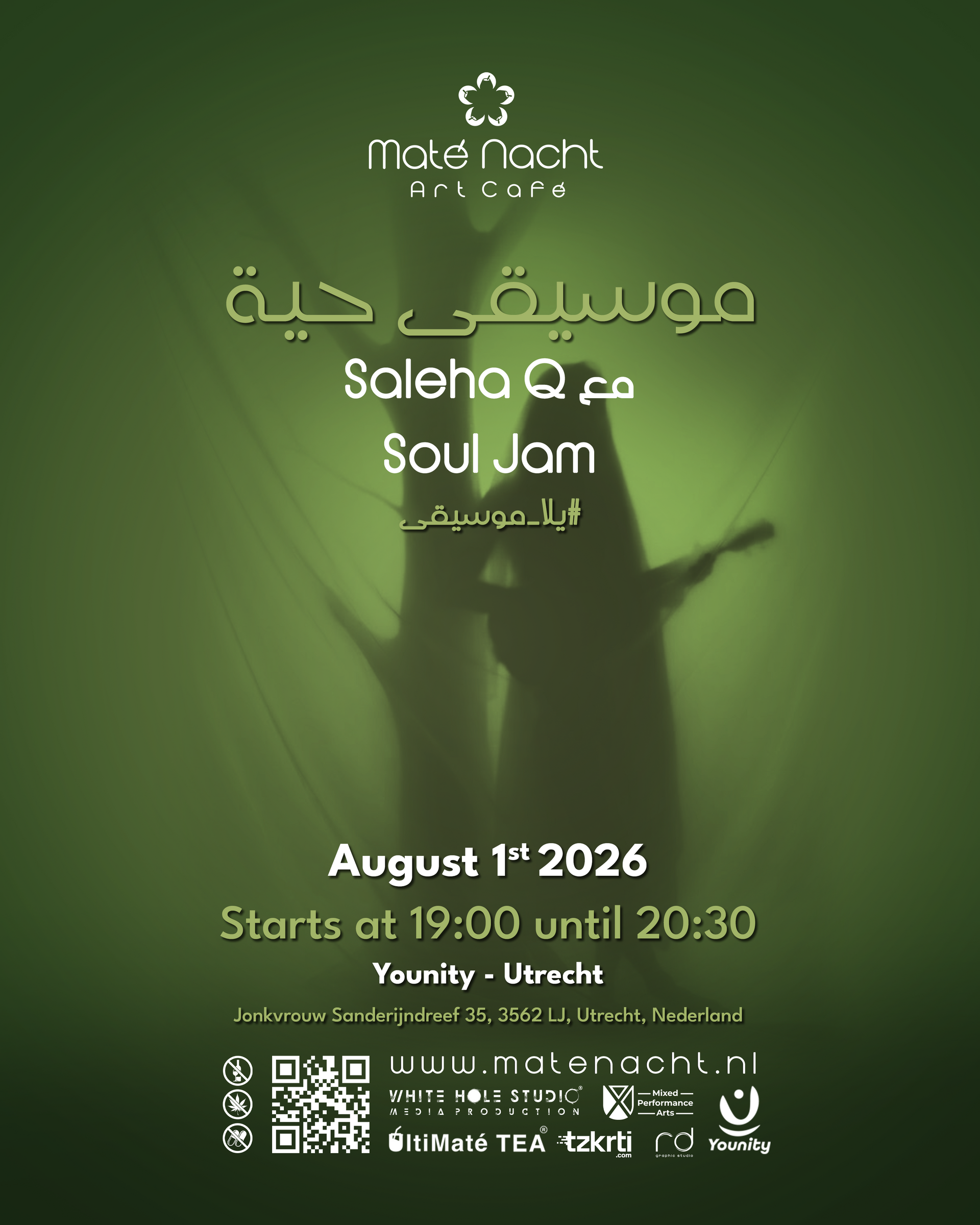 Groene evenementposter voor Saleha & Soul Jam met silhouetdanseres, 1 augustus 2026, met details over locatie en tijd.