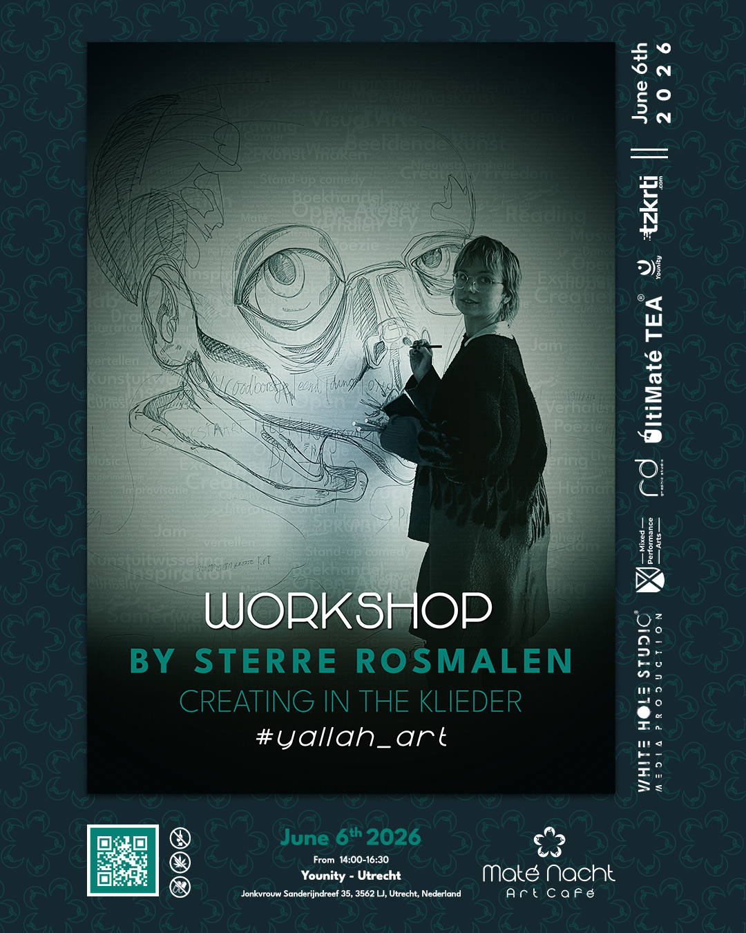 Workshopaffiche met een silhouet van een kunstenaar en een schets van een schedel, turquoise-zwarte achtergrond, evenementdetails hieronder.