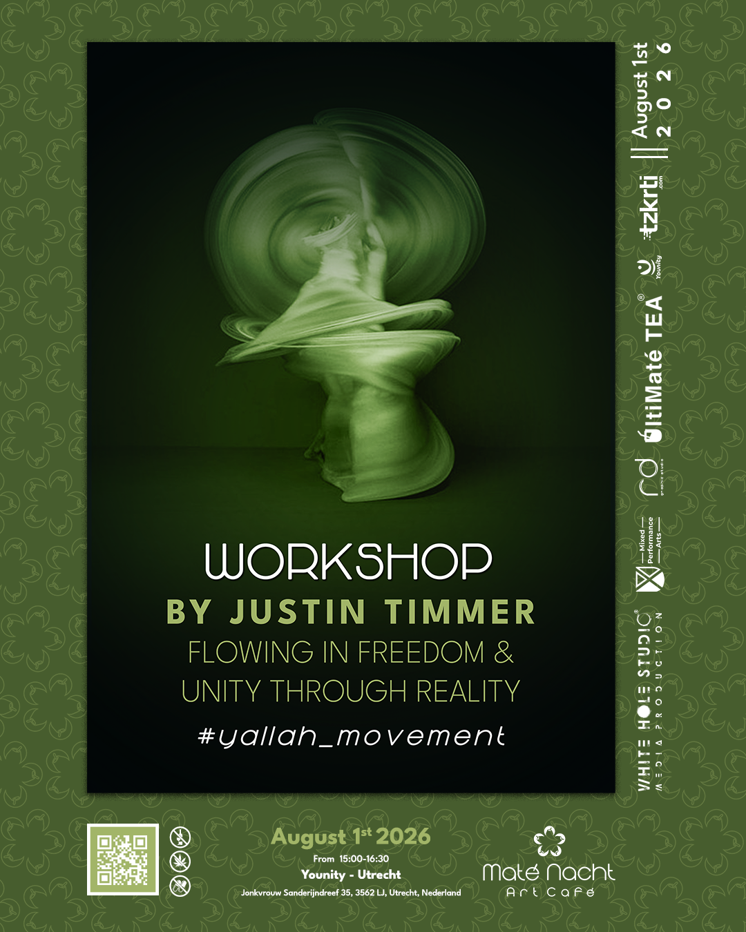 Groene workshopposter met een wazige dansersfiguur en witte evenementtekst voor Justin Timmer.