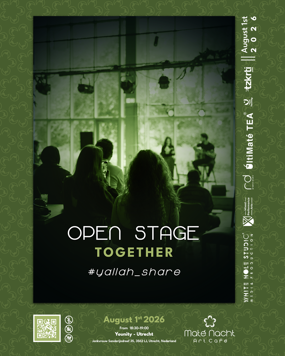 Concertposter met groene verlichting, silhouetten van het publiek en de tekst 