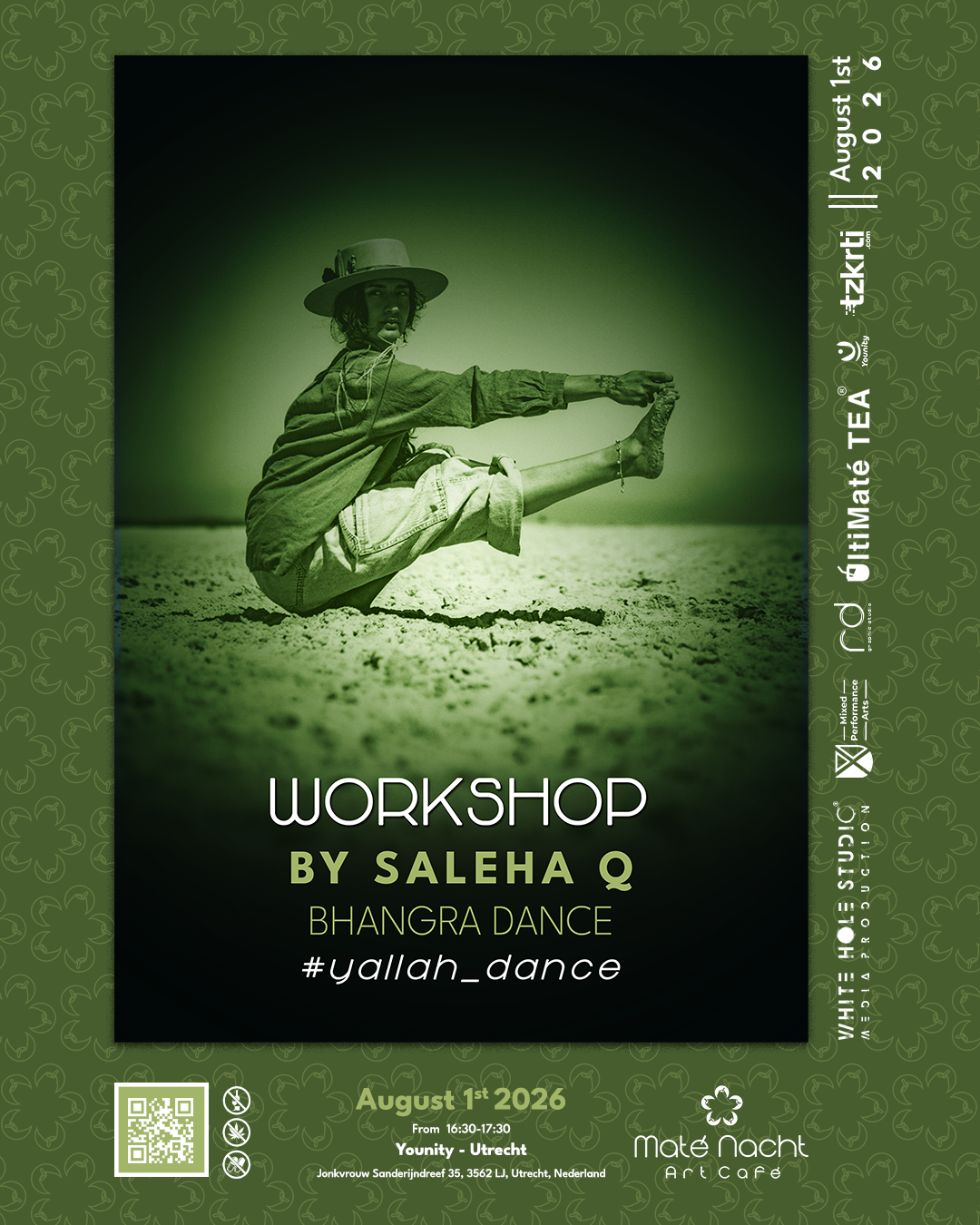Groene poster voor een yogaworkshop, met een zittende rekoefening, evenementdetails en logo's.