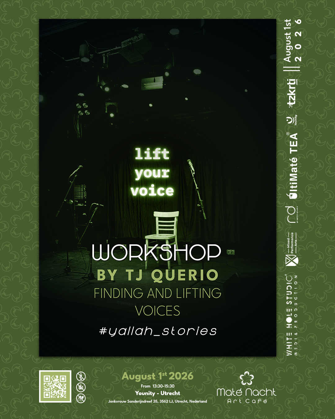 Donkergroene workshopposter met neonkleurige tekst: “1st your voice,” “WORKSHOP by TJ Quinio,” en “#uitchat_stories.”