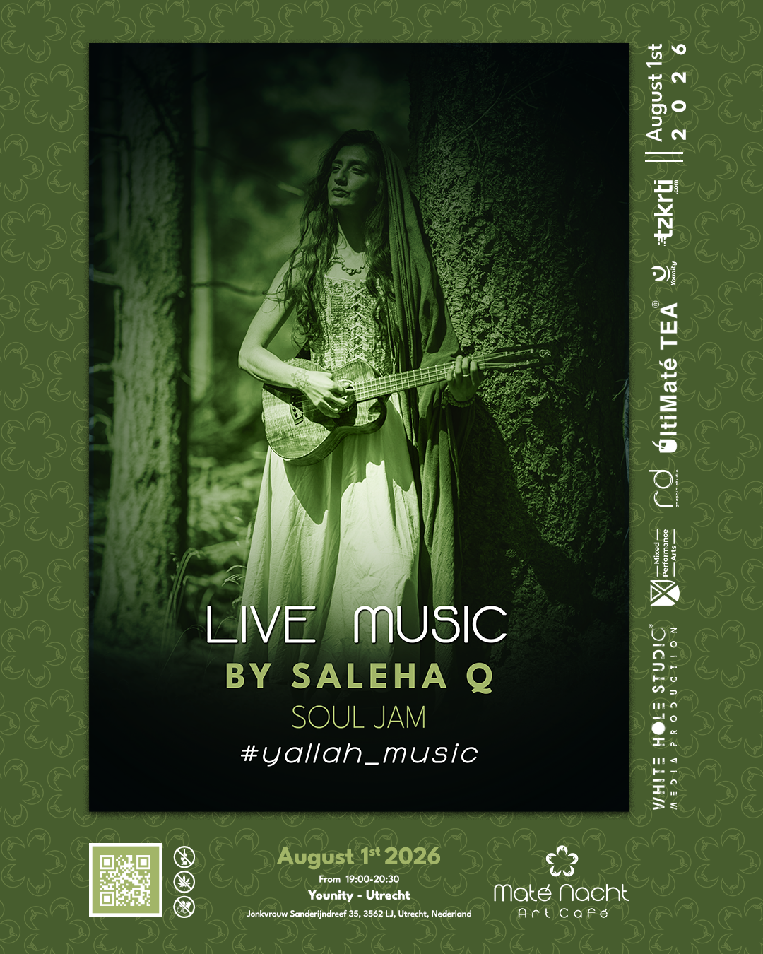 Groene concertposter voor een liveoptreden van Saleha Q, met een gitarist en details over het evenement.
