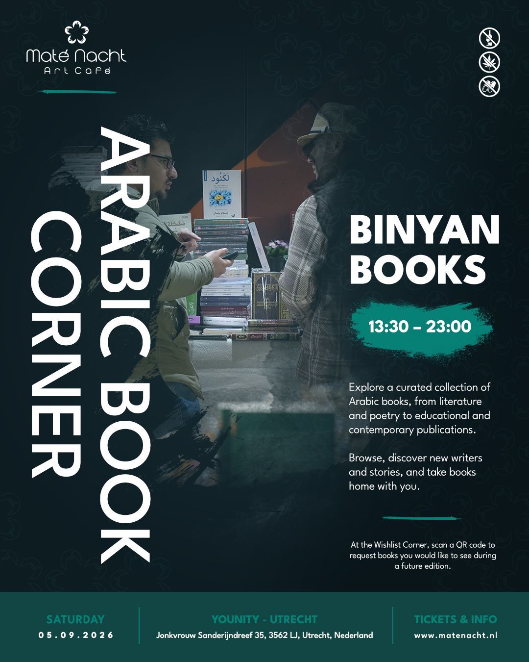 Poster voor het evenement Arabic Book Corner met BINYAN BOOKS, groene titel op een donkere achtergrond, 19:00–23:00