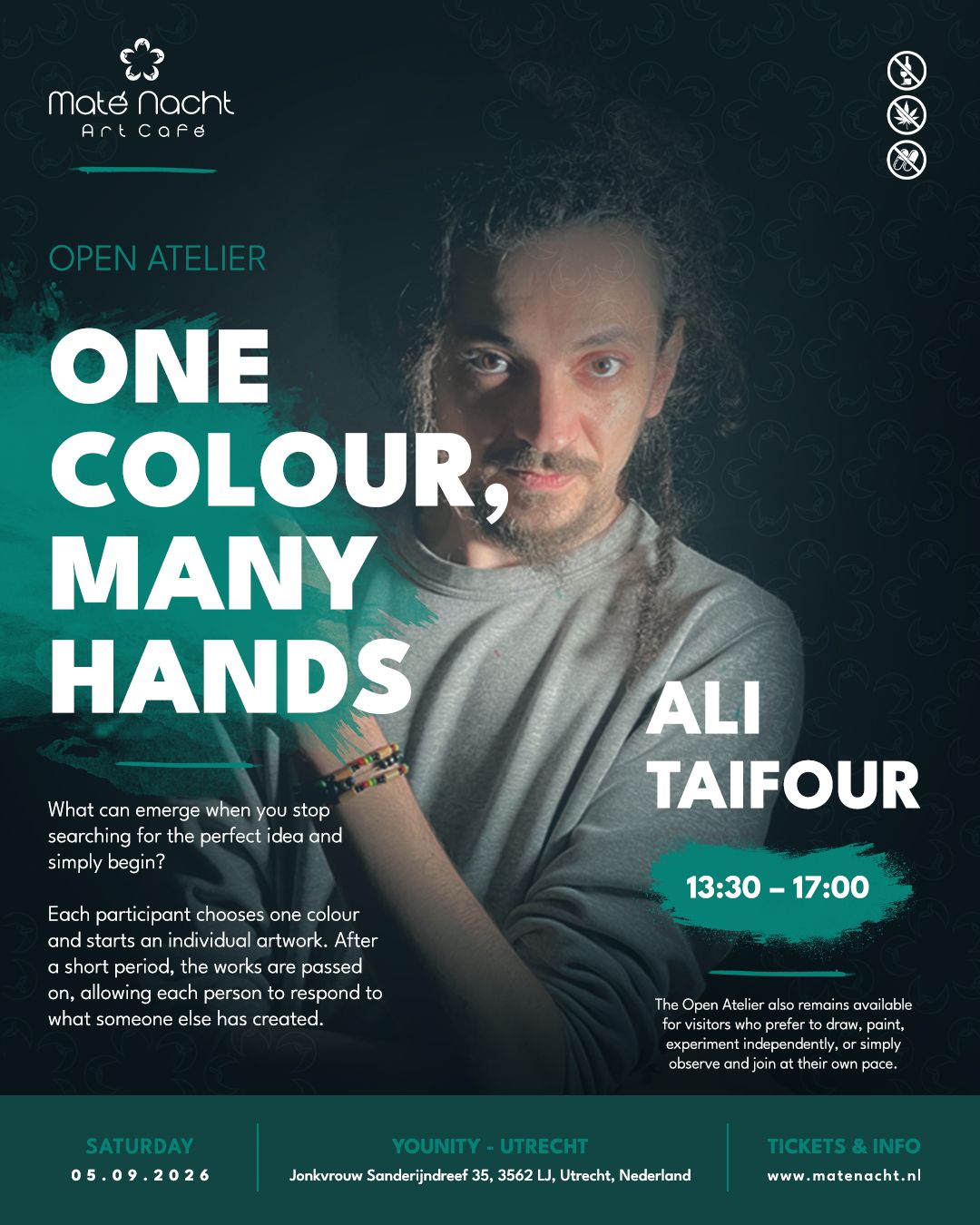 Poster voor “One Colour, Many Hands” met Ali Taifour op een donkerblauwe achtergrond.