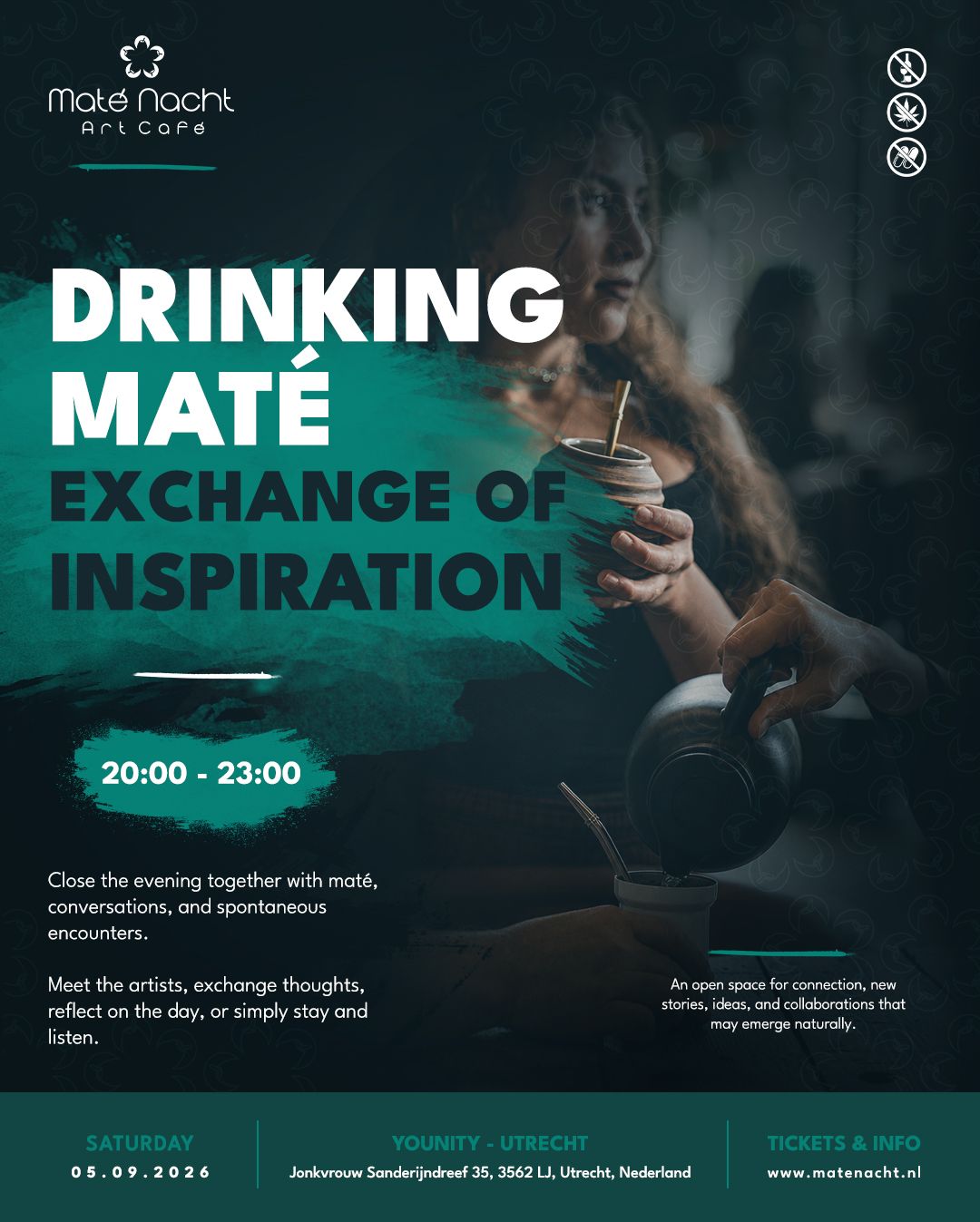 Poster voor “Drinking Mate”, een inspiratie-uitwisseling met thee, in donkergroen design, met details over het evenement.