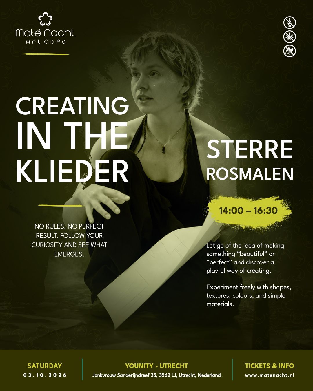 Poster voor “Drinking Mate”, een inspiratie-uitwisseling met thee, in donkergroen design, met details over het evenement.