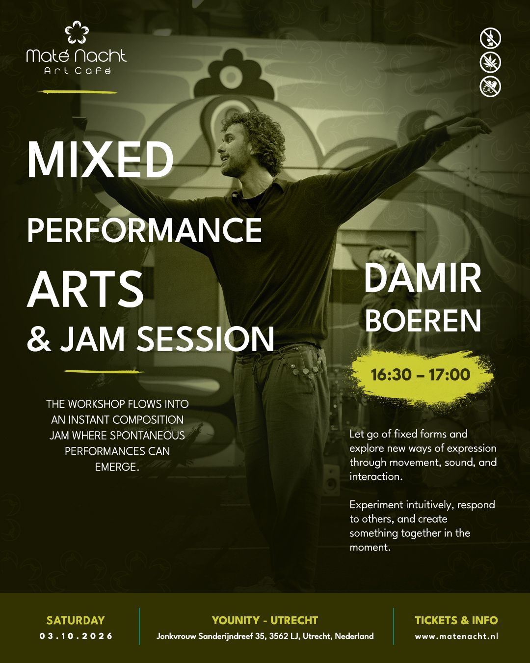 Poster voor “One Colour, Many Hands” met Ali Taifour op een donkerblauwe achtergrond.