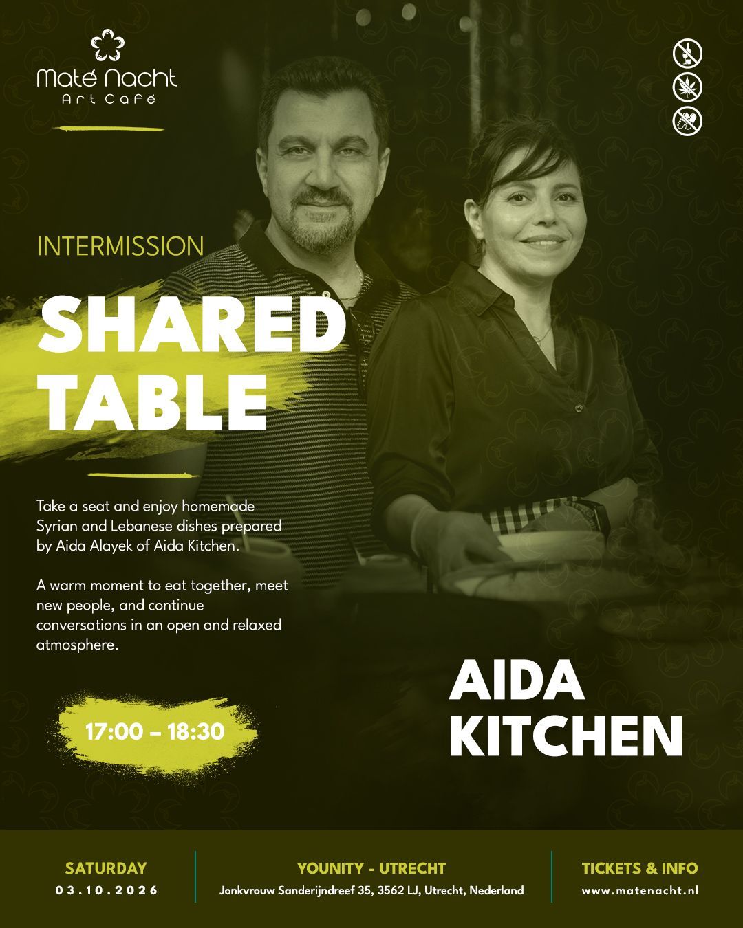 Poster voor “Shared Table” bij Aida Kitchen, met twee lachende koks in een donkerblauwe keukenomgeving.
