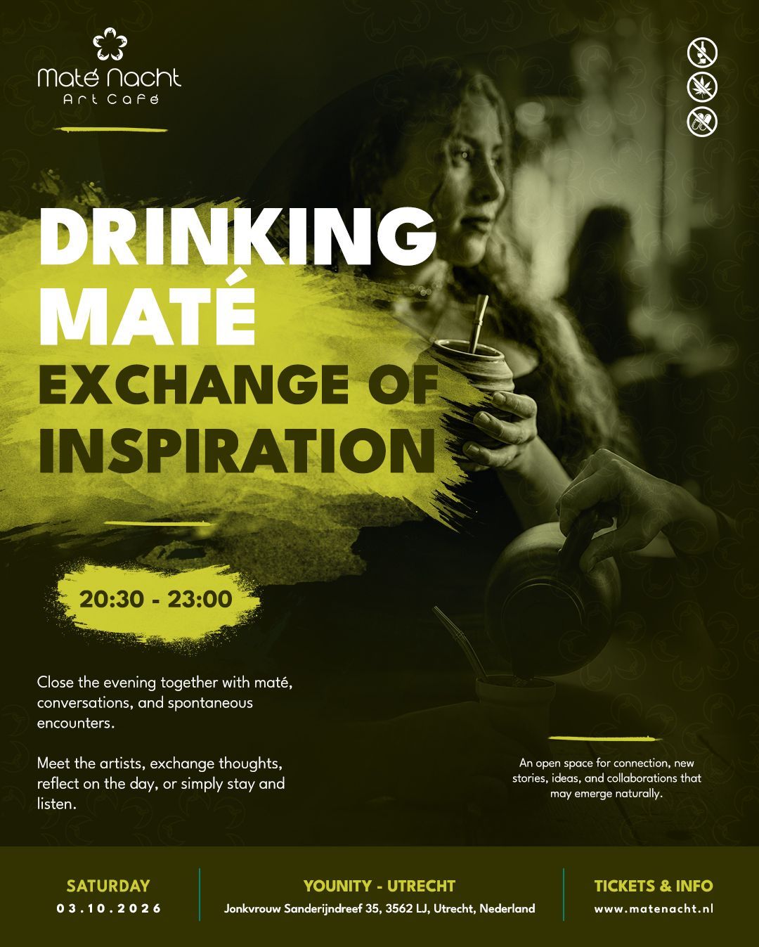 Poster voor “Drinking Mate”, een inspiratie-uitwisseling met thee, in donkergroen design, met details over het evenement.