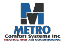 Metro Comfort Systems Inc logo with blue and black “M” and heating and air conditioning text