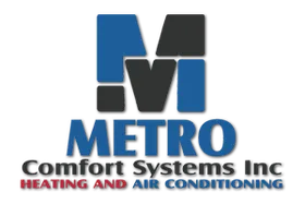 Metro Comfort Systems Inc logo with blue and black “M” and heating and air conditioning text
