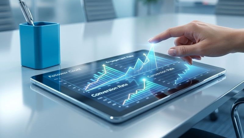 Hand tapping a glowing blue financial dashboard on a tablet in an office