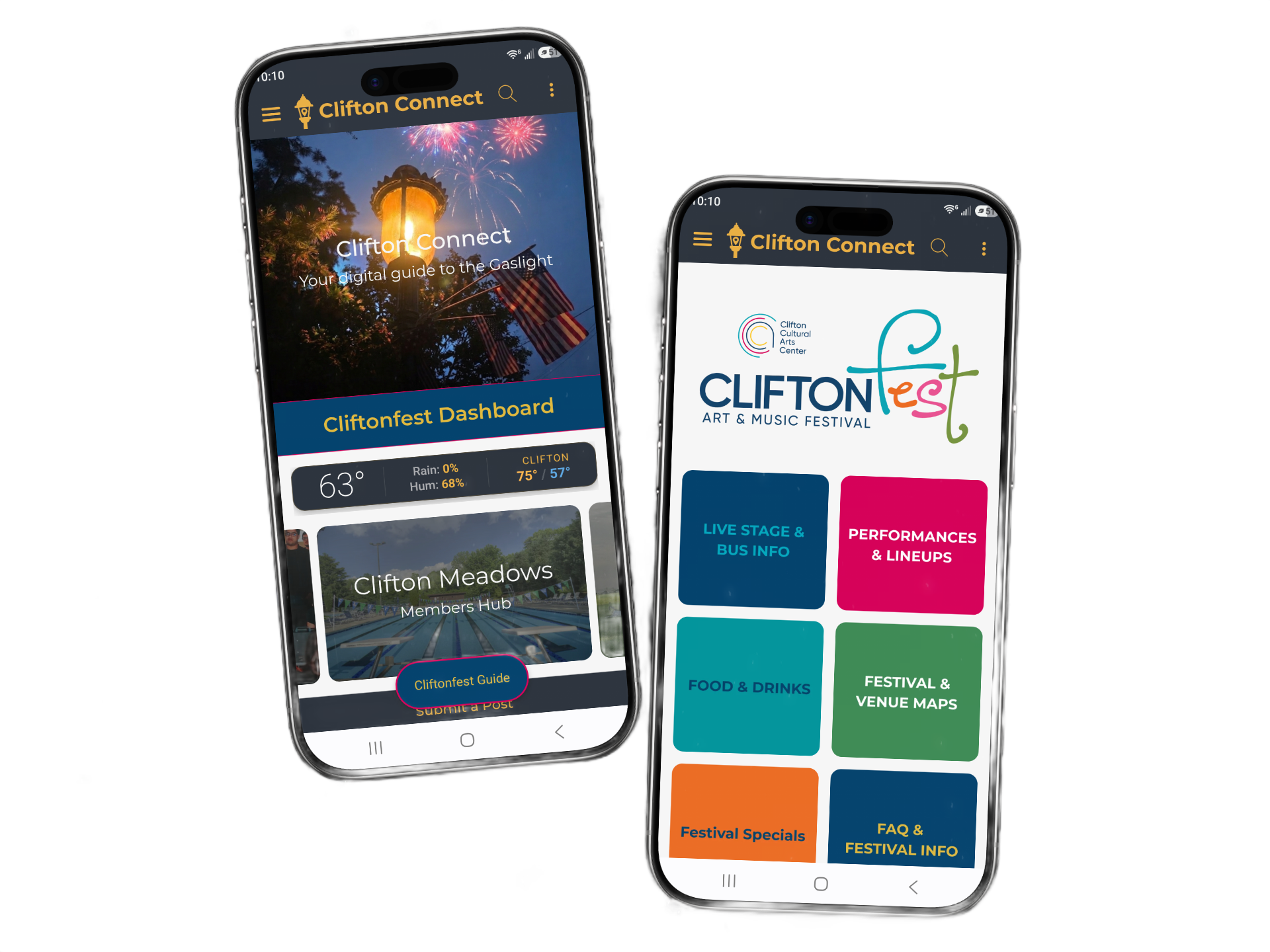 Two smartphones showing app screens, one with a lantern photo and one with Clifton logo and colorful menu tiles