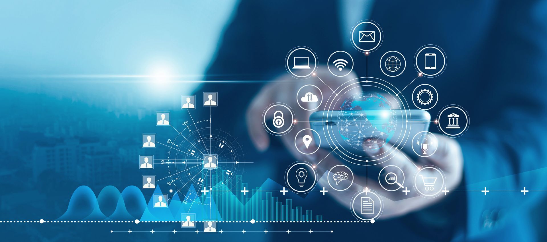 Person using a smartphone with digital icons overlay, representing data connections and global networks.