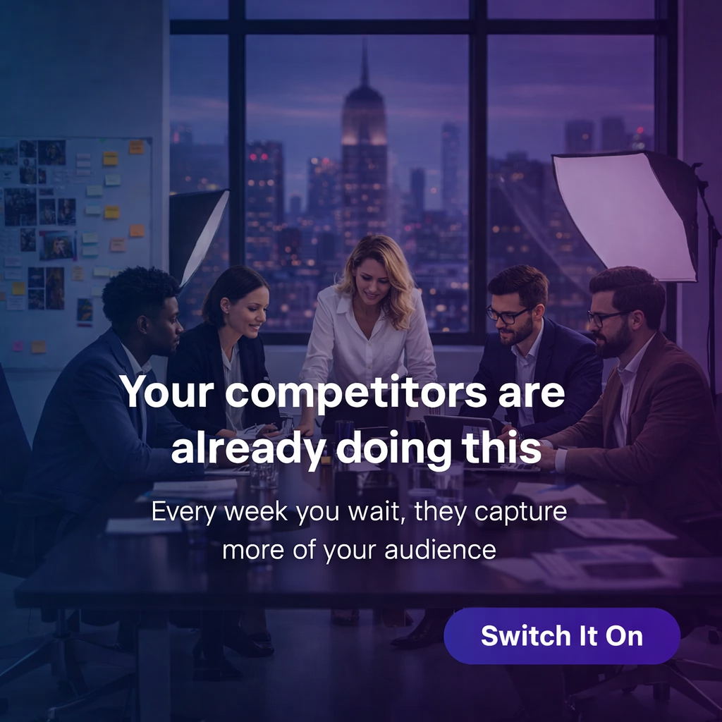 A team sits in a dimly lit boardroom with a city skyline background. Text reads: