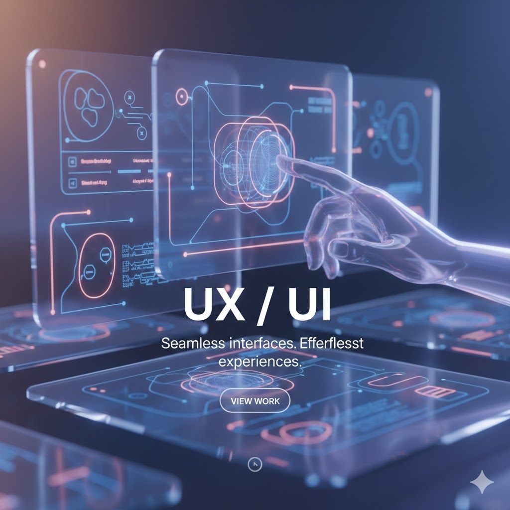 A translucent hand interacts with glowing, blue-hued digital UI interfaces. Text reads: