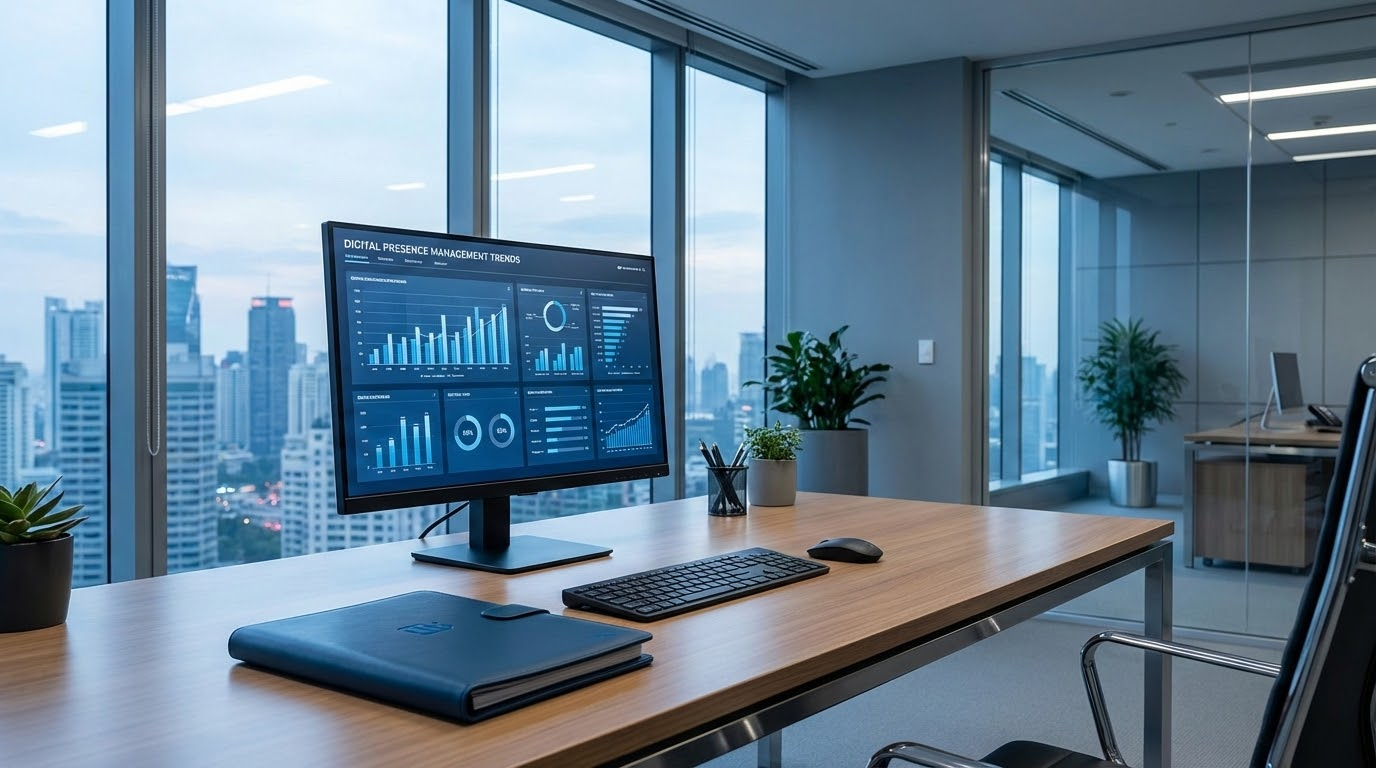 Office desk with computer showing data charts, cityscape view.