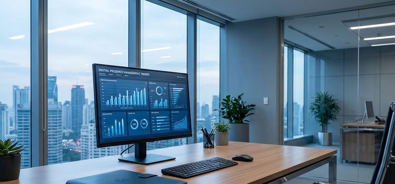 Modern office desk with desktop monitor showing financial charts and a city skyline view