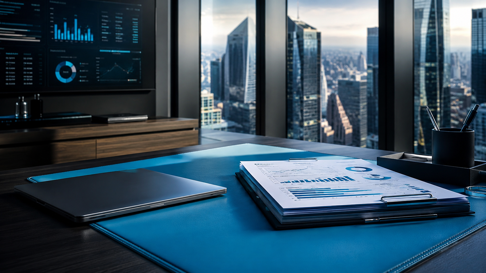 Modern office desk with laptop, chart report, and city skyline through floor-to-ceiling windows