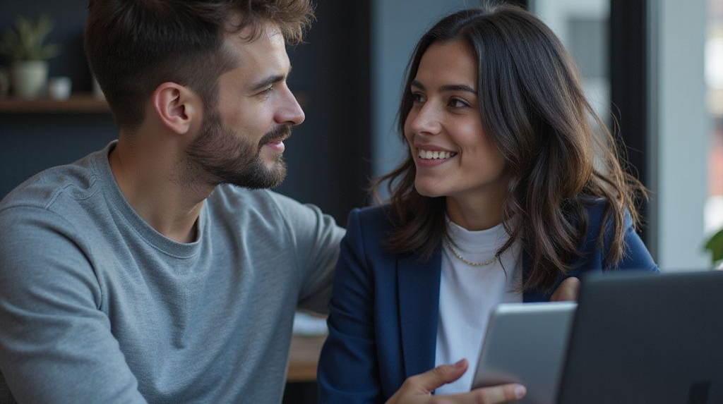 A man and a woman looking at each other with a tablet in their hands.