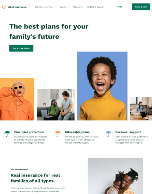 Website promoting insurance plans with a headline,