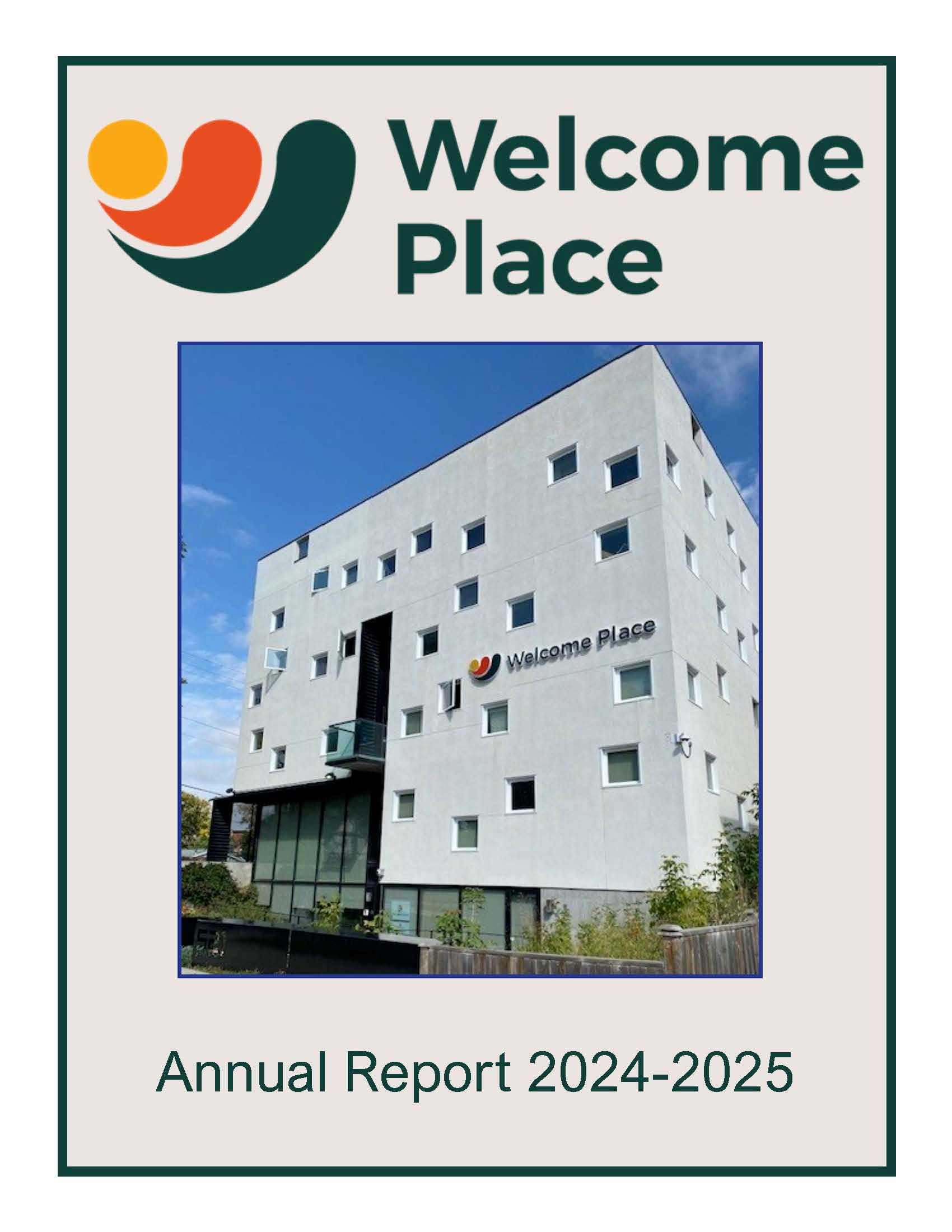 Welcome Place annual report cover. Building photo, logo at top. Title 