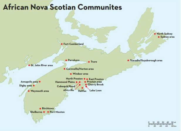 Map of Nova Scotia with red dots indicating African Nova Scotian communities.