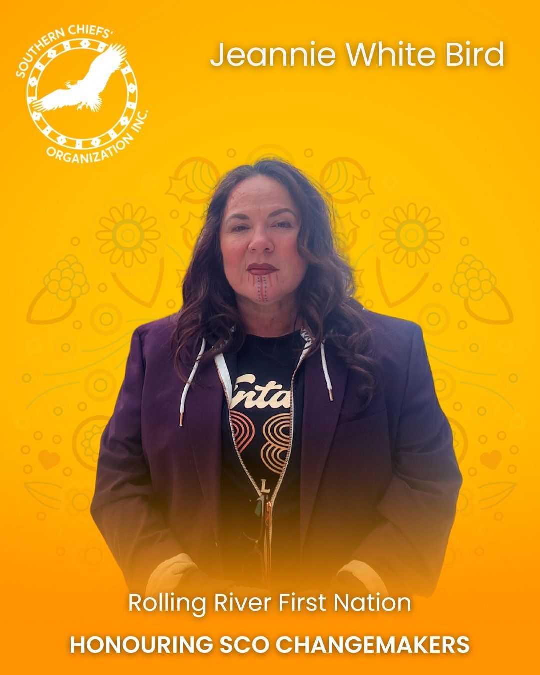 Jeannie White Bird, Rolling River First Nation, Honoring SCO Changemakers, wearing purple jacket, black zip-up, on yellow background.