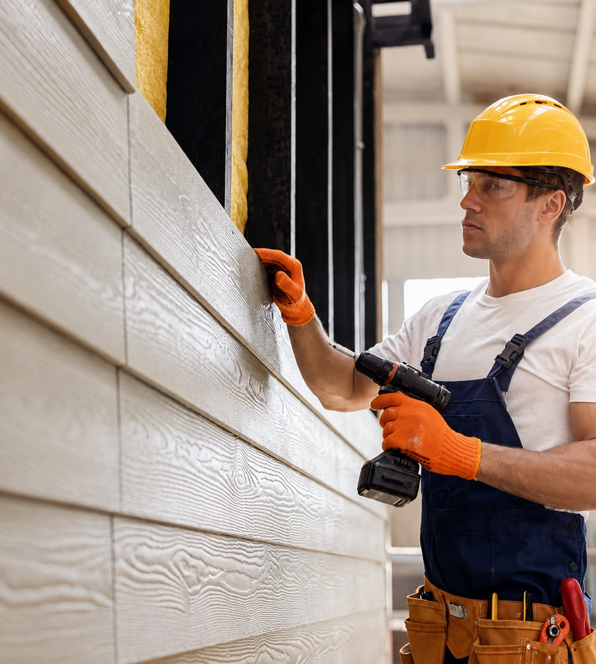 Worker in yellow hard hat installing exterior siding with a drill.