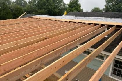 framing3 Wooden roof rafters exposed during construction.