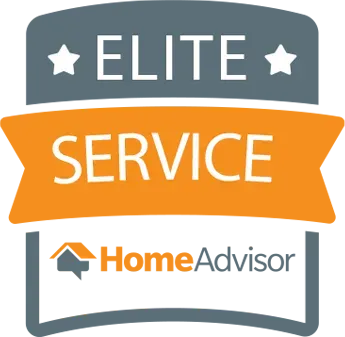 HomeAdvisor Elite Service badge: grey and orange emblem with stars, "Elite Service" text, and HomeAdvisor logo.