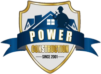 Shield logo for Power Construction with a silhouette of a worker and houses.