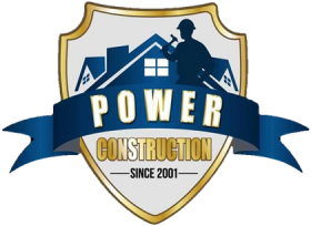 Shield logo for Power Construction with a silhouette of a worker and houses.