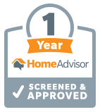 HomeAdvisor 1-Year Screened & Approved badge with orange ribbon and checkmark.