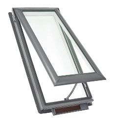 Gray skylight, open, angled against a white background, with visible interior.