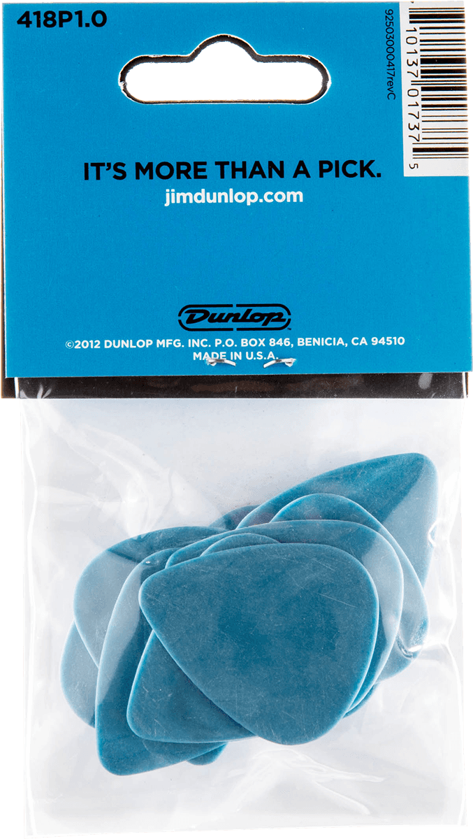 Een verpakking van 12 blauwe Dunlop Tortex gitaarpickjes van 1,0 mm, in de originele winkelverpakking.