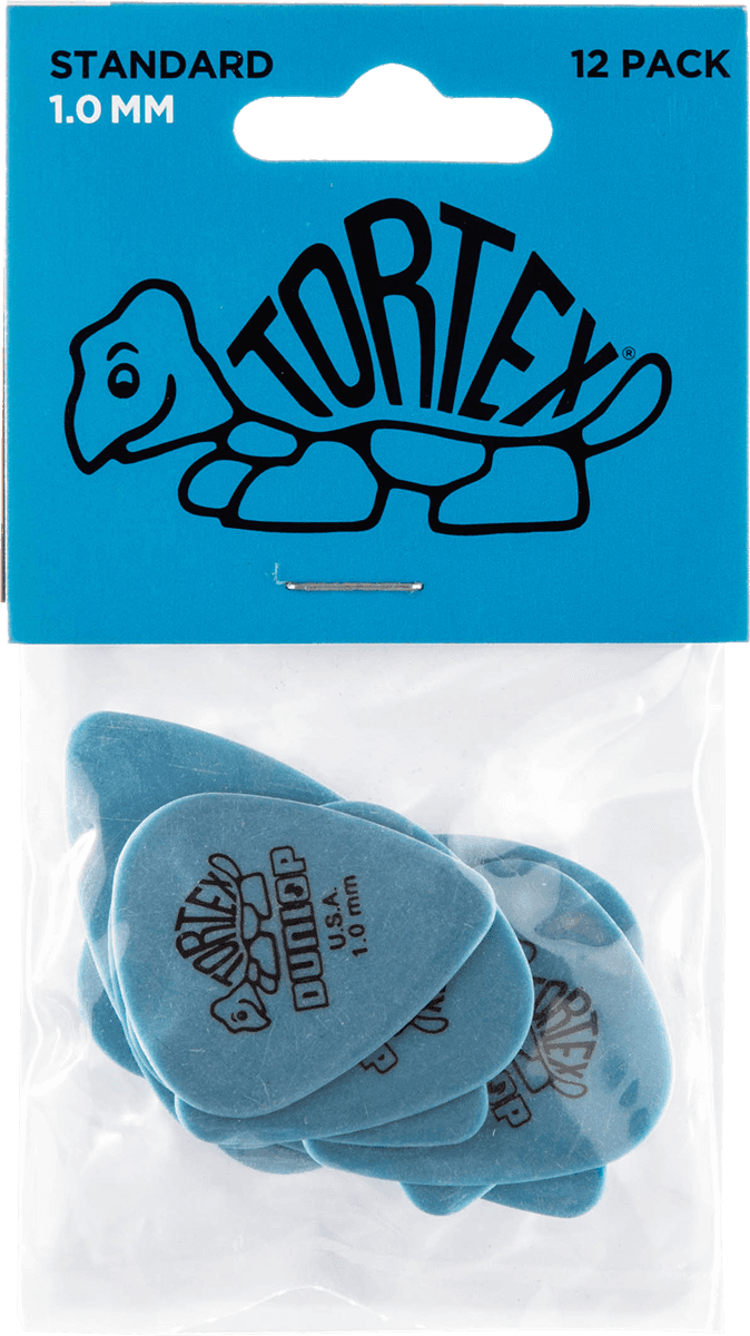 Een verpakking van 12 blauwe Dunlop Tortex gitaarpickjes van 1,0 mm, in de originele winkelverpakking.