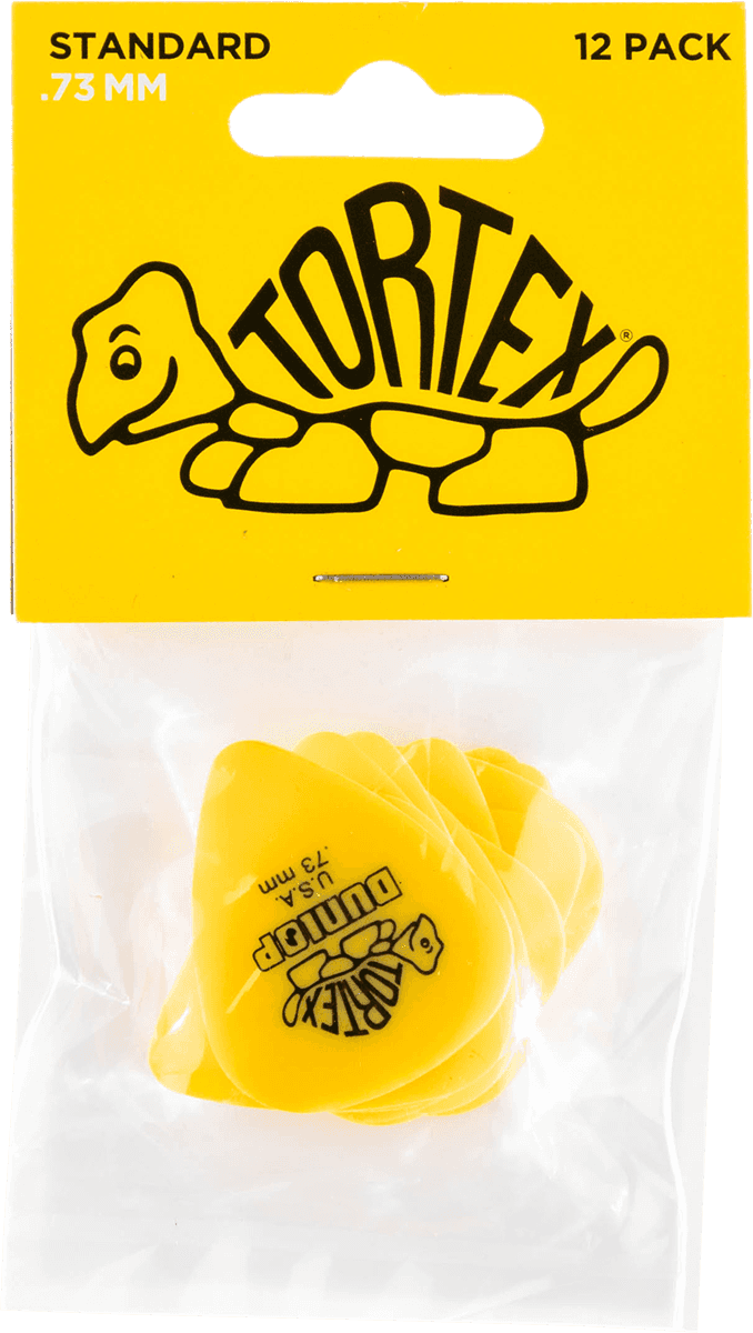 Een verpakking van 12 gele Dunlop Tortex gitaarpickjes van standaardformaat, dikte 0,73 mm, in een transparante plastic verpakking.